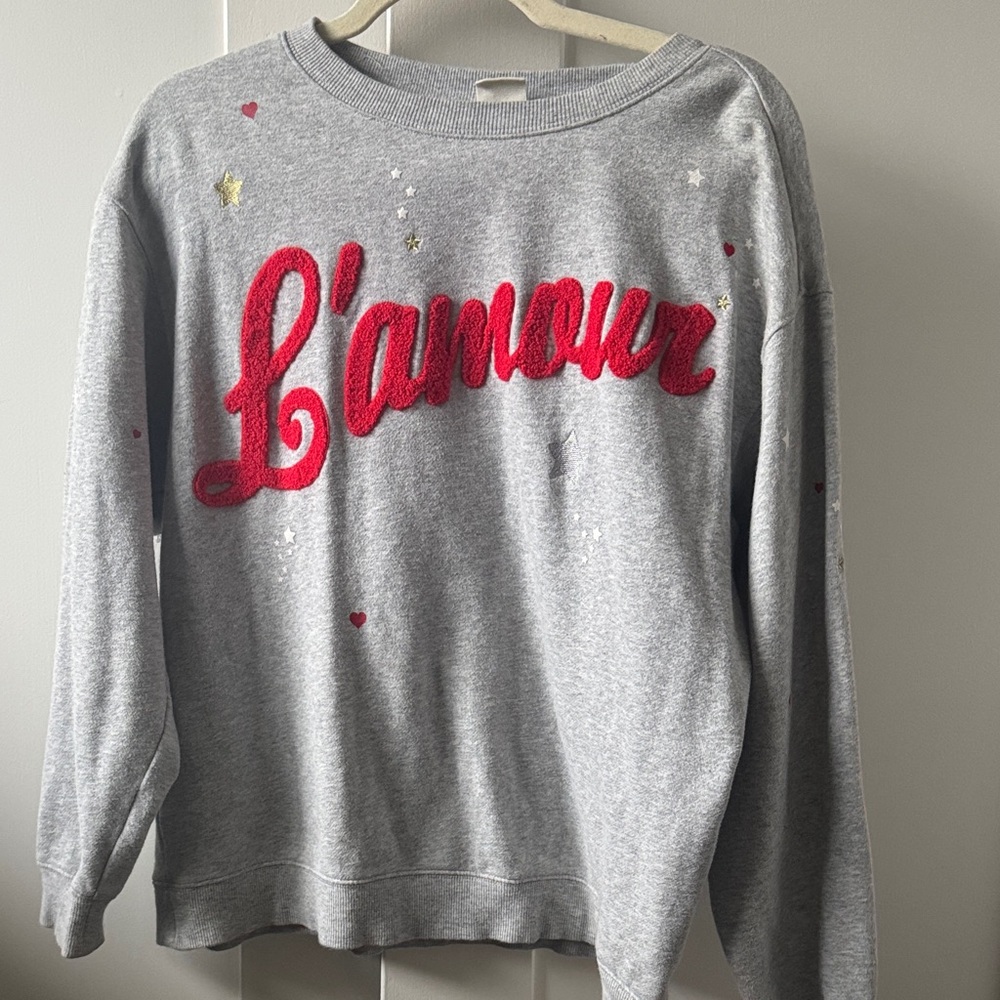 H&M Gray Sweatshirt with Red 'L'amour' Embroidery